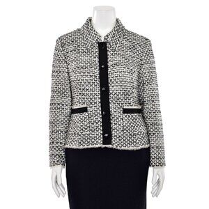 St. John Knits Silk/Grosgrain Trimmed Jacket in Black/Gray/White sz 16